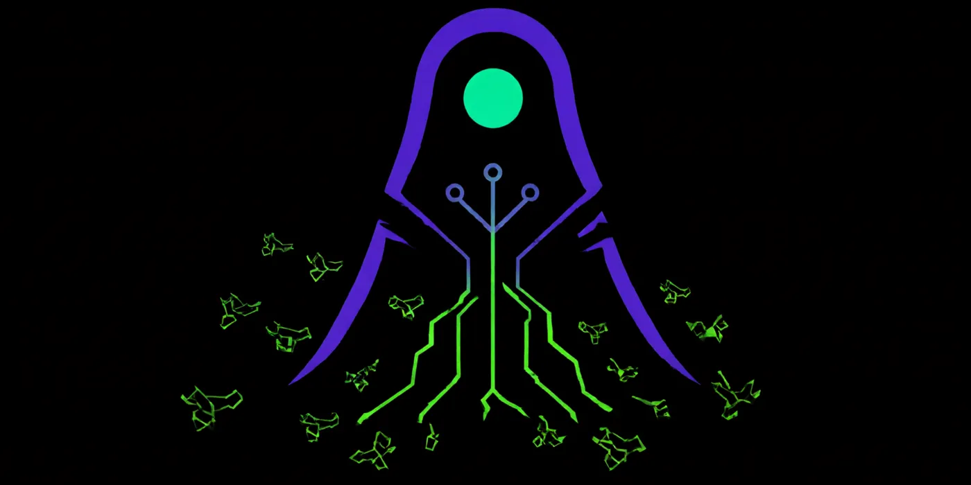 A cloaked silhouette with one glowing eye, circuit lines running down into small drone agents